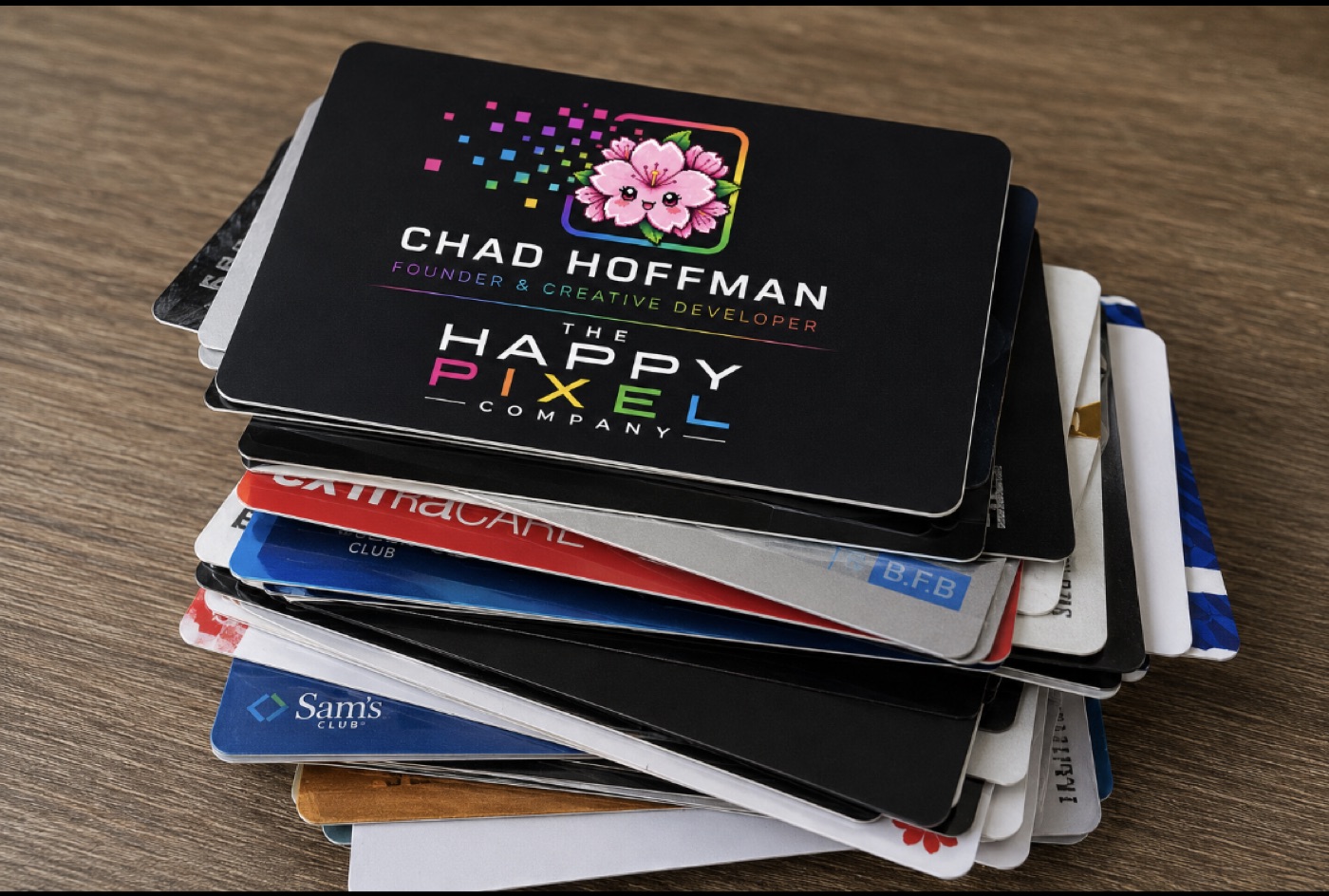 A stack of cards with a Happy Pixel Company business card on top