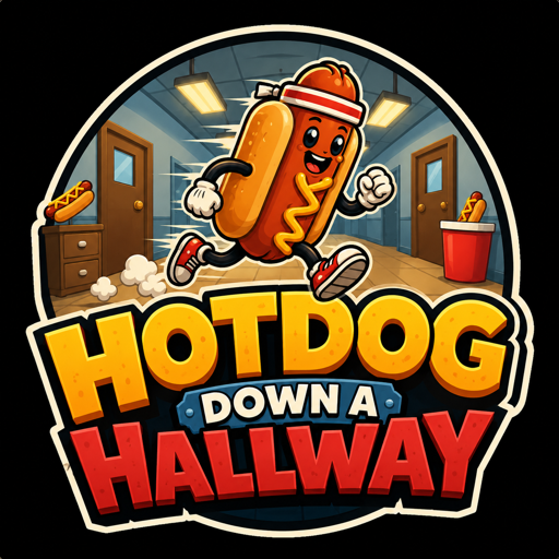Hotdog Down a Hallway game logo — running hotdog mascot