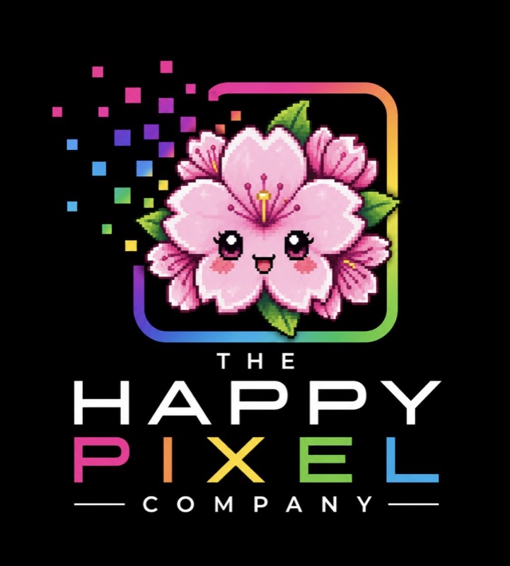 The Happy Pixel Company — kawaii pixel cherry blossom logo